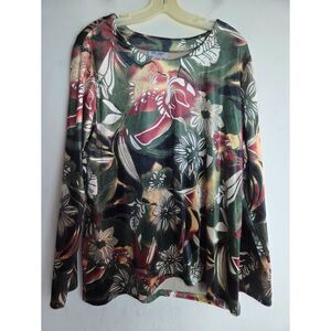 Vicki Wayne Women Dark Green w/Brown Red White Floral Scoop Neck Blouse size XL
